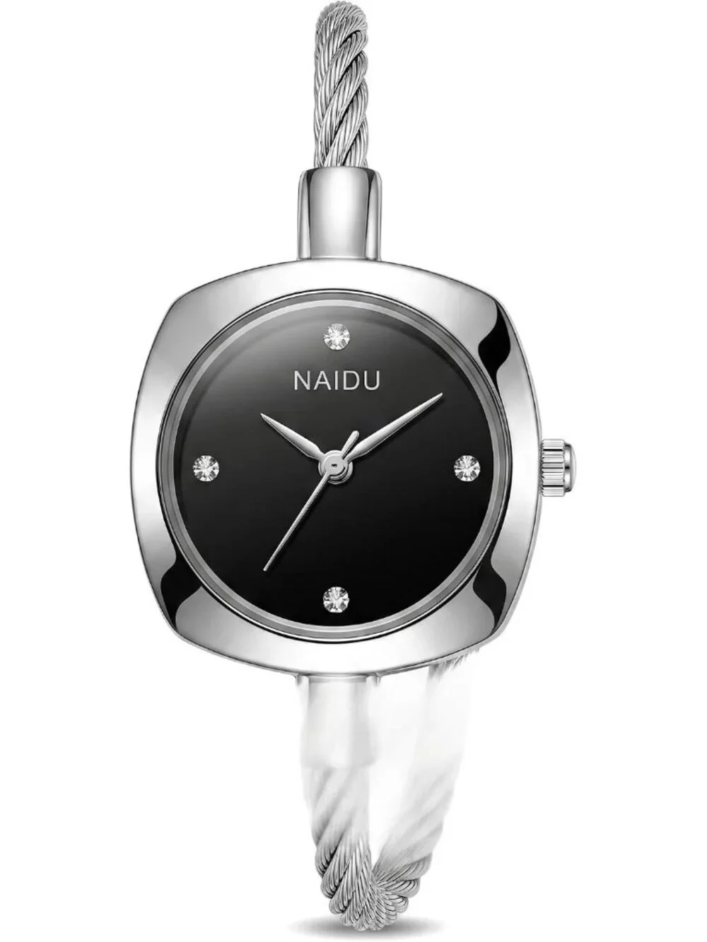 Women's Silver Black Crystal Accent Cable Wire Bangle Square Sunray Dial Watches